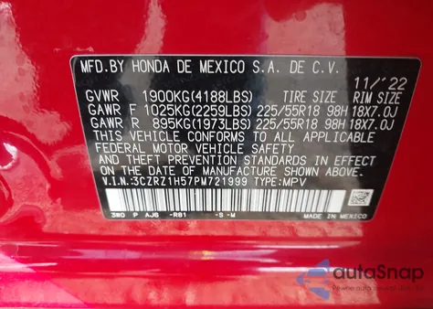 2023 Honda Hr-V 2Wd Sport z USA, uszkodzony, nr VIN 3CZRZ1H57PM721999